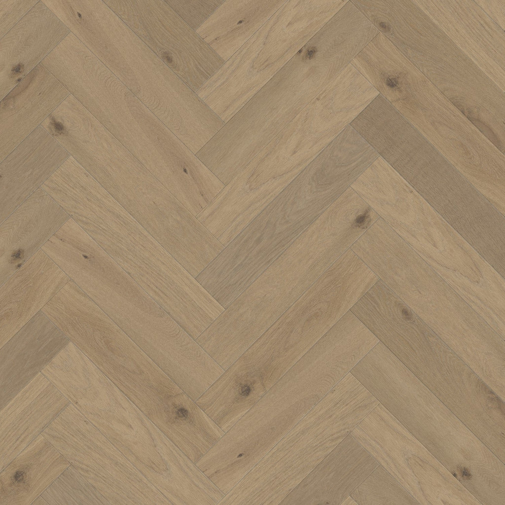 Herringbone pattern hardwood floor with a rich tan color, resembling the dry African grassland.